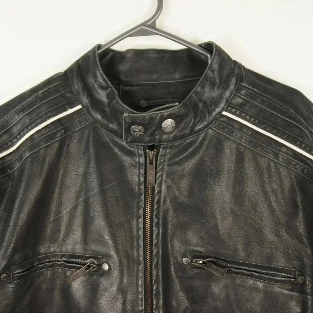 Vintage Moto Gear Black Striped Leather Biker Motorcycle Faux Leather Jacket - Picture 3 of 4